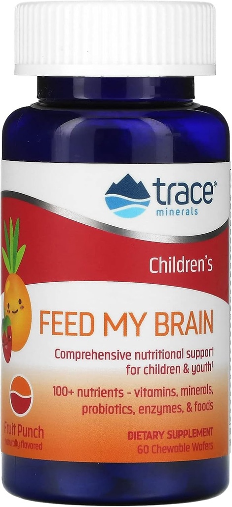 Trace Minerals Niños Alimenta Mi Cerebro - Suplemento de Apoyo Cerebro para Niños - Multivitamínico para Apoyo en Foco con Enzimas, Vitaminas y Minerales - Fruit Punch Flavor, 60 Chewable Wafers (30 Servings)