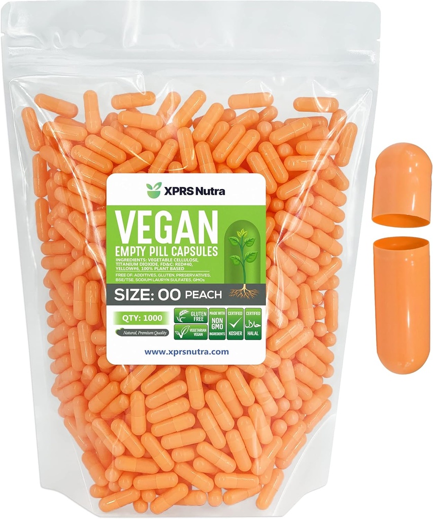 XPRS Tamaño Nutra 00 cápsulas vacías - 1000 cápsulas vacías - Láminas vacías vegetarianas - DIY Vegetal Capsule Filling- Veggie Pill Caps (Peach)