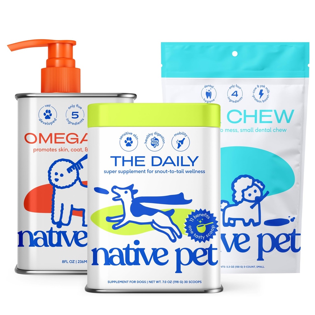 Native Pet Health & Wellness Bundle – 5 Small Yak Chews for Dental Health, 7 Oz. Daily Multivitamins for Immunity & 8 Oz. Omega-3 Fish Oil for Coat & Heart Support