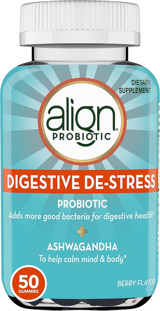 Align Probiotic, Digestive De-stress, Probiotic for Women and Men with Ashwagandha, Helps with a Healthy Response to Stress, Gluten Free, Soy Free, Vegetarian, 50 Gummies