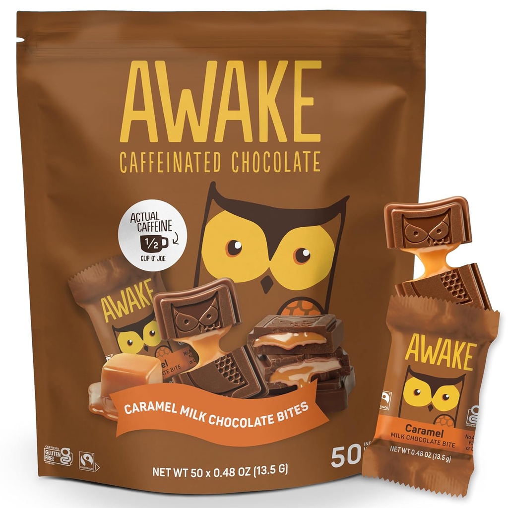 [BRSRMFIYBAJRY2Y3] AWAKE - Caffeinated Chocolate Bites - Caramel Milk Chocolate, 50 Bites - 50 mg Caffeine - Individuo de energía rallada - Café Alternativa - Fairtrade, Gluten Free, Non GMO - 0,48oz
