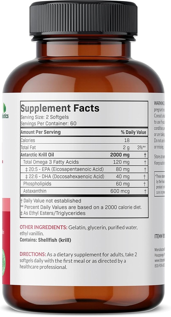 Futurobióticos Aceite de Krill Antártico 2000mg con Astaxanthin, Omega-3s EPA, DHA y fosfolípidos - 100% Puro Premium Krill Oil Heavy Metal Tested, Non GMO – 120 Softgels