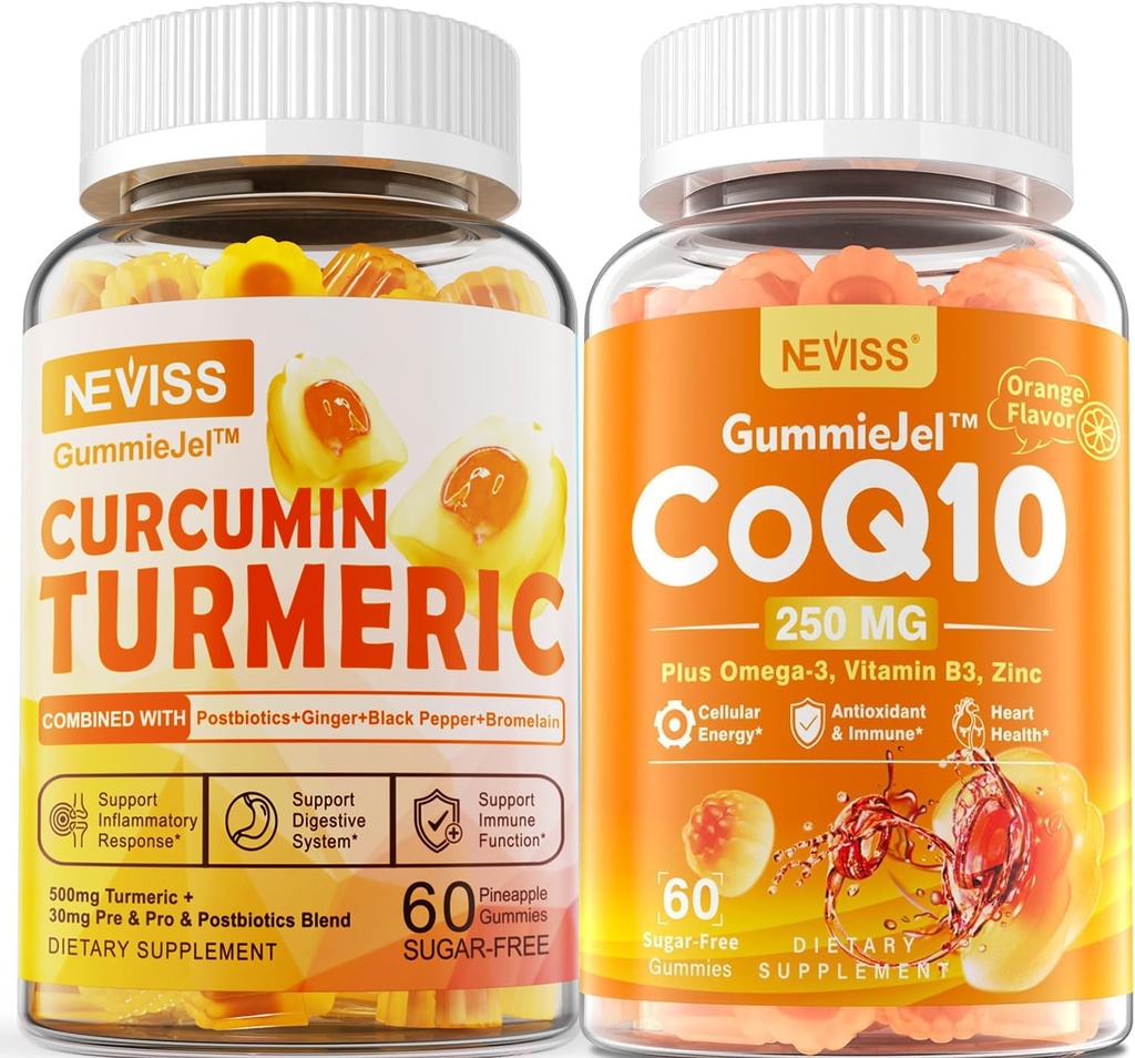 Sugar Free Turmeric Curcumin Filled Gummies 550mg & CoQ10-250mg Gummies rellenos, Inmune, Digestive Health, Cellular Energy & Antioxidant Support