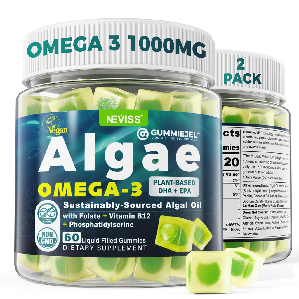 2 Pack Algae Omega 3 Gummies 1000mg, Planta Basada DHA 460mg &amp; EPA 230mg, Omega 3 Fish Oil Alternative for Adults, Plus MethylFolate, Vitamina B12, Phosphatidylserine, No Fishy Taste, Vegan, Sugar Free