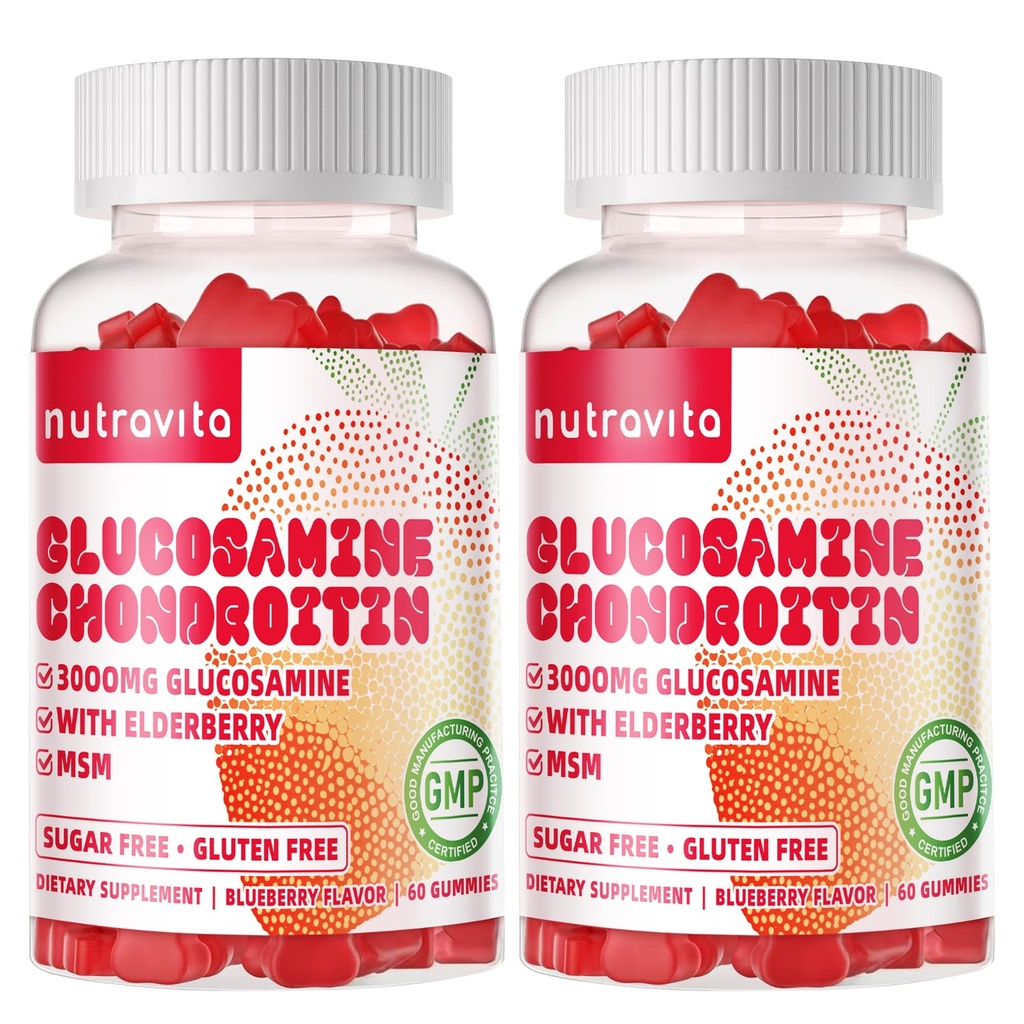 Nutravita Glucosamine Chondroitin Gummies with MSM & Elderberry Extra Strength - Joint Support, Antioxidant Immune Support Supplement for Adults, Men &amp; Women. 120 cerdas de fresa