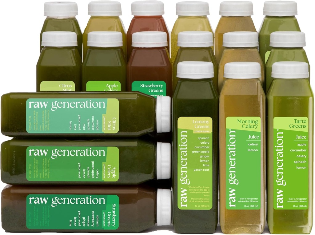 Raw Generation 3-Day Lower Sugar Cleanse - Boost Digestion < Eliminar Bloating/Gut, Colon, Liver/Less Sugar > 35g Protein Daily/No-GMO, 100% Jugos de base vegetal