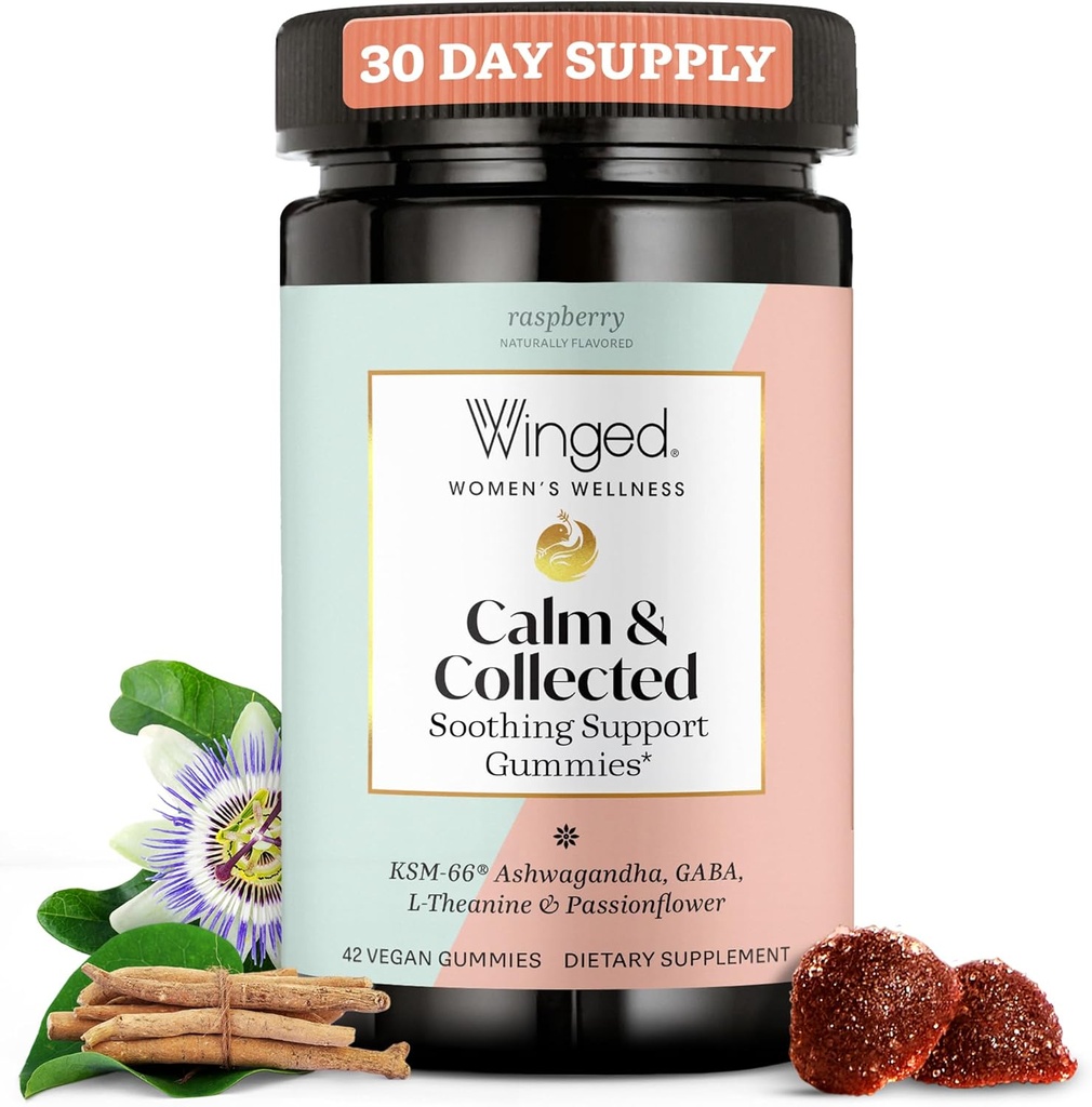 Ganado Wellness Calm " Coleccionado, Stress Relief Gummies - Stress Support Suplemento con KSM-66 Ashwagandha, L-Theanine, GABA " Passionflower - Gummy sin gluten - Raspberry, 42 conde