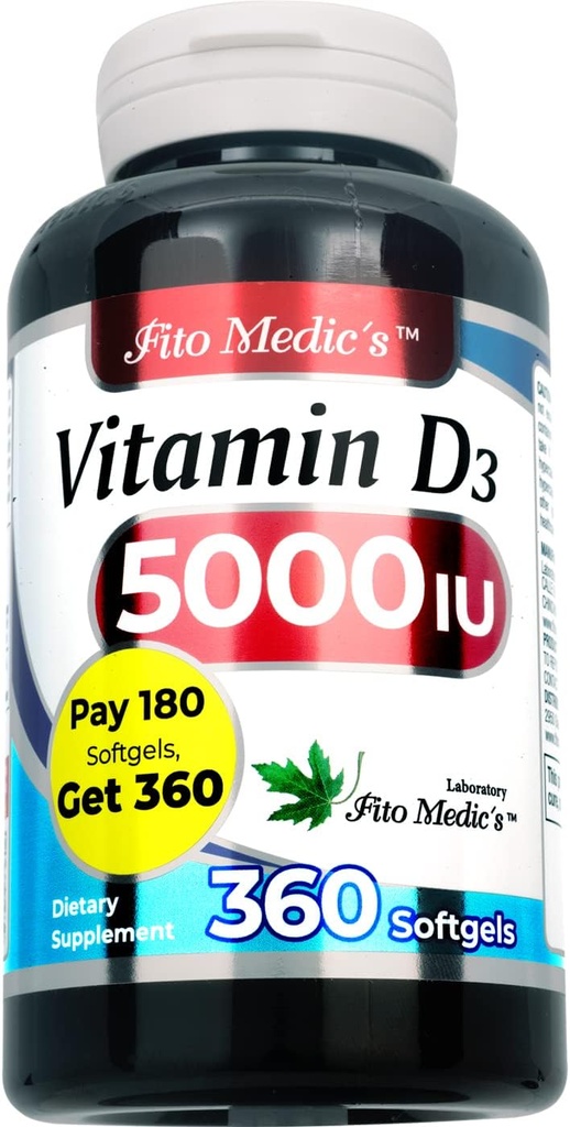 Laboratorio FITO MEDIC - Vitamina d - 5000 UI de - Vitamina d3-360 Softgels - Vitamina d3 5000 iu - para Bone, Dientes, Musculo y Soporte de Salud Inmune, Absorción Ultra alta, vitamina d3.
