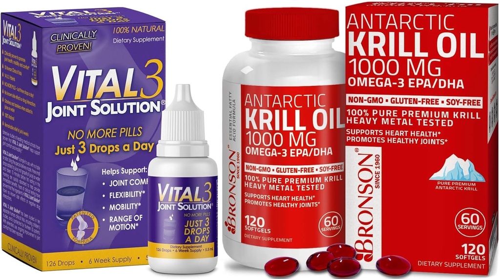 Vital 3 Joint Solution® Clinically Provenido Liquid Knee Relief + Antártico Krill Oil 1000 mg con Omega-3 EPA, DHA