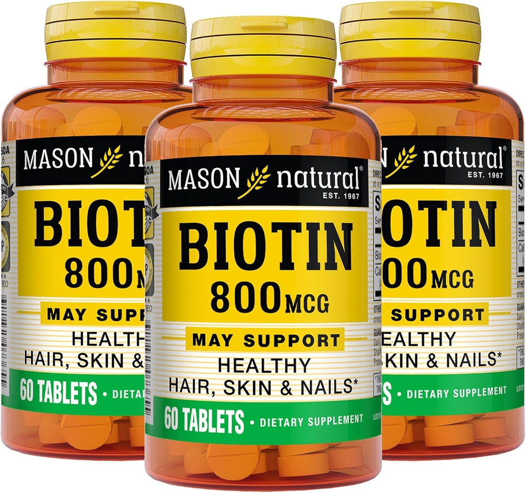 MASON NATURAL Biotina 800 mcg, Pelo, Esquía & Apoyo a la salud de uñas, Suplemento de vitamina B7 de alta potencia, 60 Tabletas (Pack of 3)