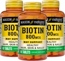MASON NATURAL Biotina 800 mcg, Pelo, Esquía & Apoyo a la salud de uñas, Suplemento de vitamina B7 de alta potencia, 60 Tabletas (Pack of 3)