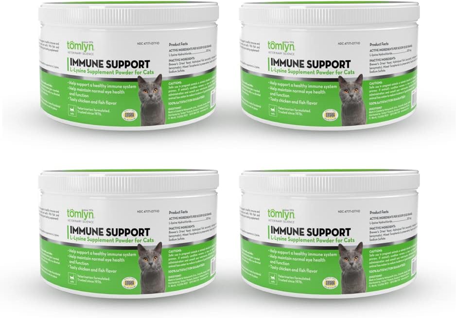 Tomlyn Immune Support Daily L-Lysine Supplement, Fish-Flavored Lysine Powder para gatos y gatitos, 4 Pack