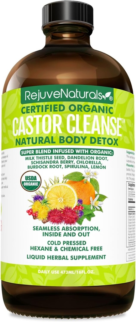 RejuveNaturals Castor CleanseTM - USDA Organic Castor Oil, Chlorella, Spirulina, Roots & Greens for Wellness, Digestive Support, Daily Balance. Detox de 3 meses de suministro de Gut Cleanse para Hombres Mujer - 16oz.