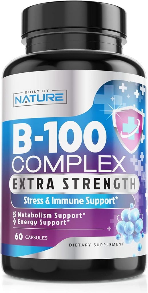 Complejo de vitamina B - Todas las vitaminas B1, B2, B3, B5, B7, B9, B12, ácido fólico, vitamina C - Super B-100 Suplemento - Immune, Energy & Metabolism Support, Vegan, Non-GMO, Gluten Free, 60 cápsulas