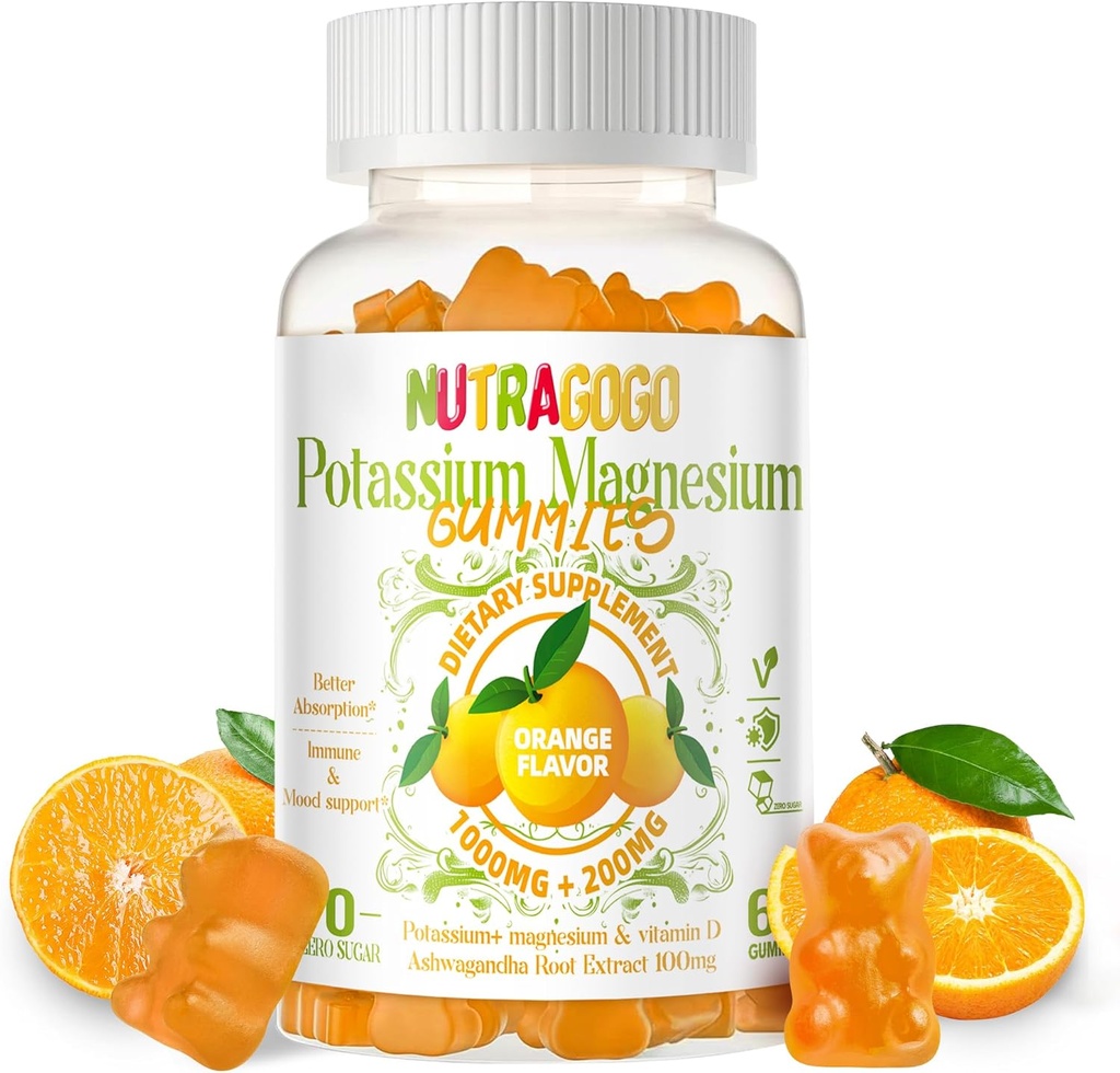 Potasio Magnesio Gummies,Potasio Suplemento w/Ashwagandha,Alta Absorción Magnesio Glycinate,B6,D3, Citrato de Potasio para cáscaras,Muscle,Electroyte para Adultos Niños,Sin azúcar, 60 Gummies