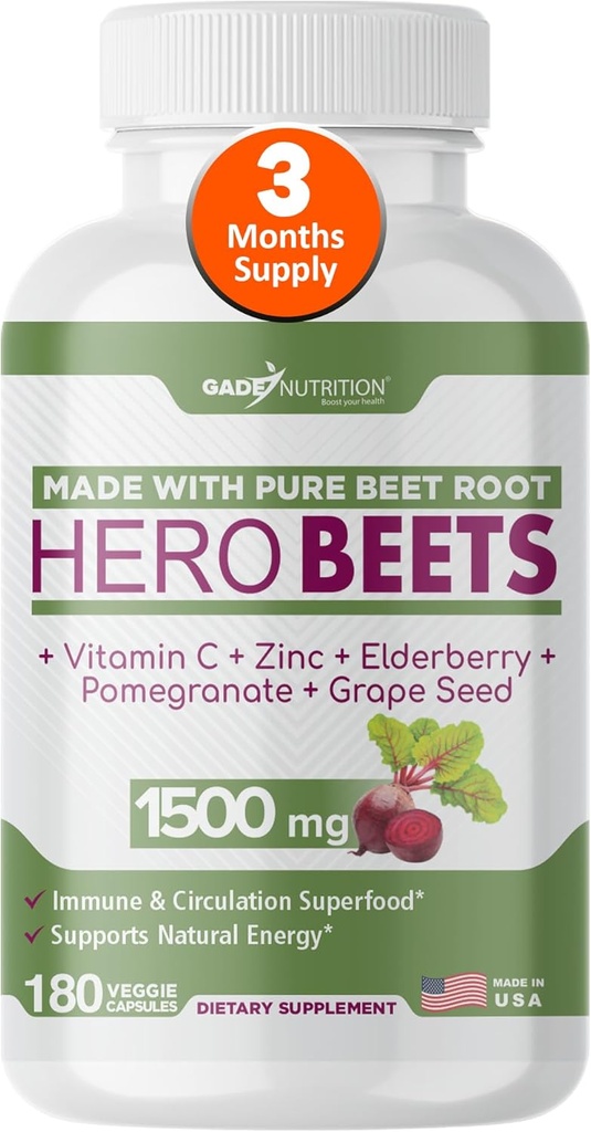 Gade Nutrición Hero Beets - Cadenas de remolachada 1500mg - Orgánica Zapato de remolacha + Vitamina C Zinc, Elderberry, Pomegranate, Grape Seed Extract - 3 Meses de suministro