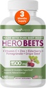 Gade Nutrición Hero Beets - Cadenas de remolachada 1500mg - Orgánica Zapato de remolacha + Vitamina C Zinc, Elderberry, Pomegranate, Grape Seed Extract - 3 Meses de suministro