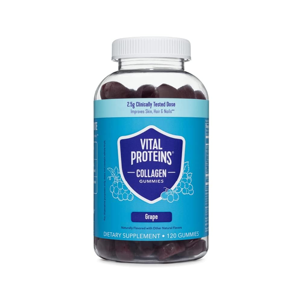 Proteínas Vital Collagen Gummies, 2.5g de Collagen de Tejido Clínica para el cabello, Esquí, Arrugas de uñas, 120 ct, 30-Day Supply, Grape Flavor
