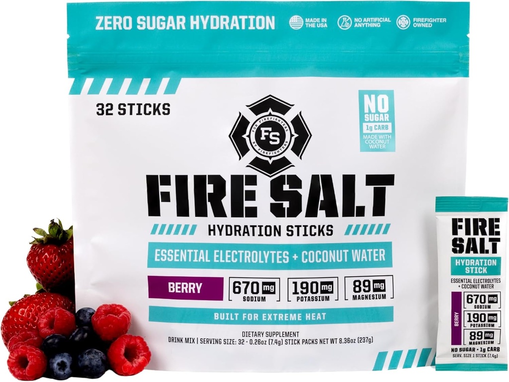 Fire Science Fire Salt Hydration Sticks, Electrolytes & Coconut Water, Hydration Drink Mix with Magnesium, Potassium & Sodium, Zero Sugar, Single Serve On The Go Packs, Berry Flavor, 32 Cuenta
