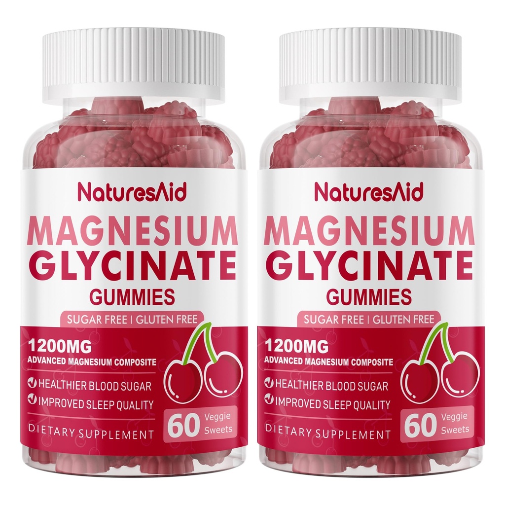 Magnesium Glycinate Gummies 1000mg - Suplemento de Potasio de Magnesio Libre de Azúcar con Vitamina D, B6, CoQ10 para calma Mood &amp; Sleep Support - 120 Cherry Gummies -2 Pack.