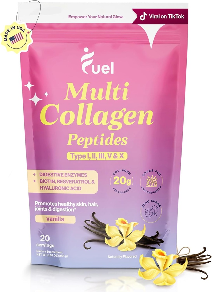 Fusil Multi Collagen Peptides Powder – 20g Hydrolyzed Collagen I, II, III, V & X for Hair, Skin, Nails & Joint Support – Better Absorption – Keto & Gluten Free, French Vanila 8.67oz