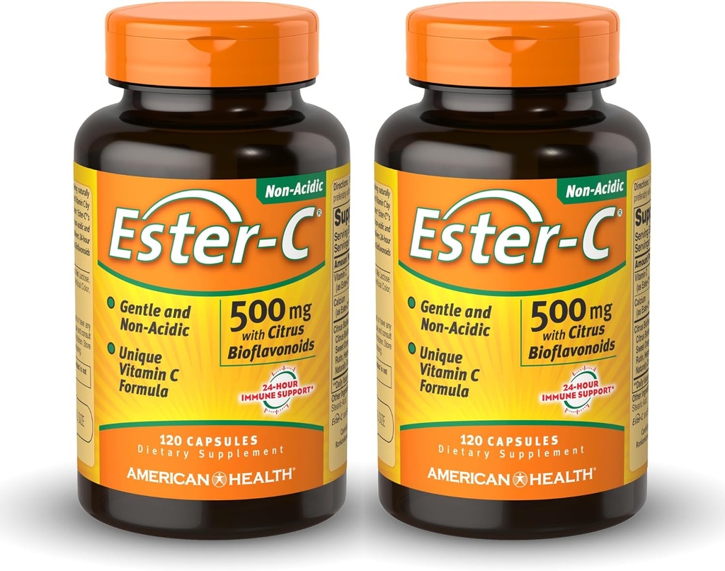 American Health Ester-C 500 mg con Citrus Bioflavonoids - 120 Capsules (Pack of 2) - 24-Hour Immune Support - Non-GMO, Gluten Free - 120 Total Servings
