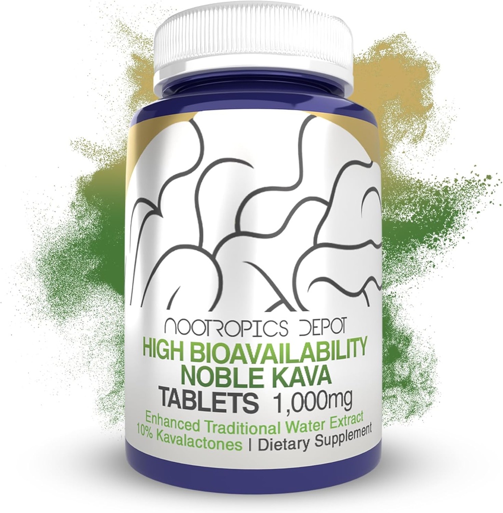 Nootropics Depot High Bioavailability Noble Kava Tablets tención 1000mg Silencio 30 Cuenta Silencio Mínimo 10% Kavalactones Silencio Retracto de Agua Tradicional mejorado