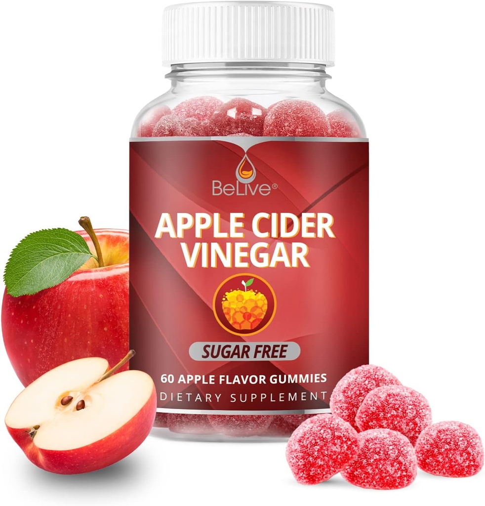BeLive Apple Cider Vinegar Gummies - ACV Gummies Without Sugar I Detox & Cleanse Digestive Health I Alternative to Capsules, Vegan, Keto Friendly, Non-GMO, Gluten Free ← 60 Ct