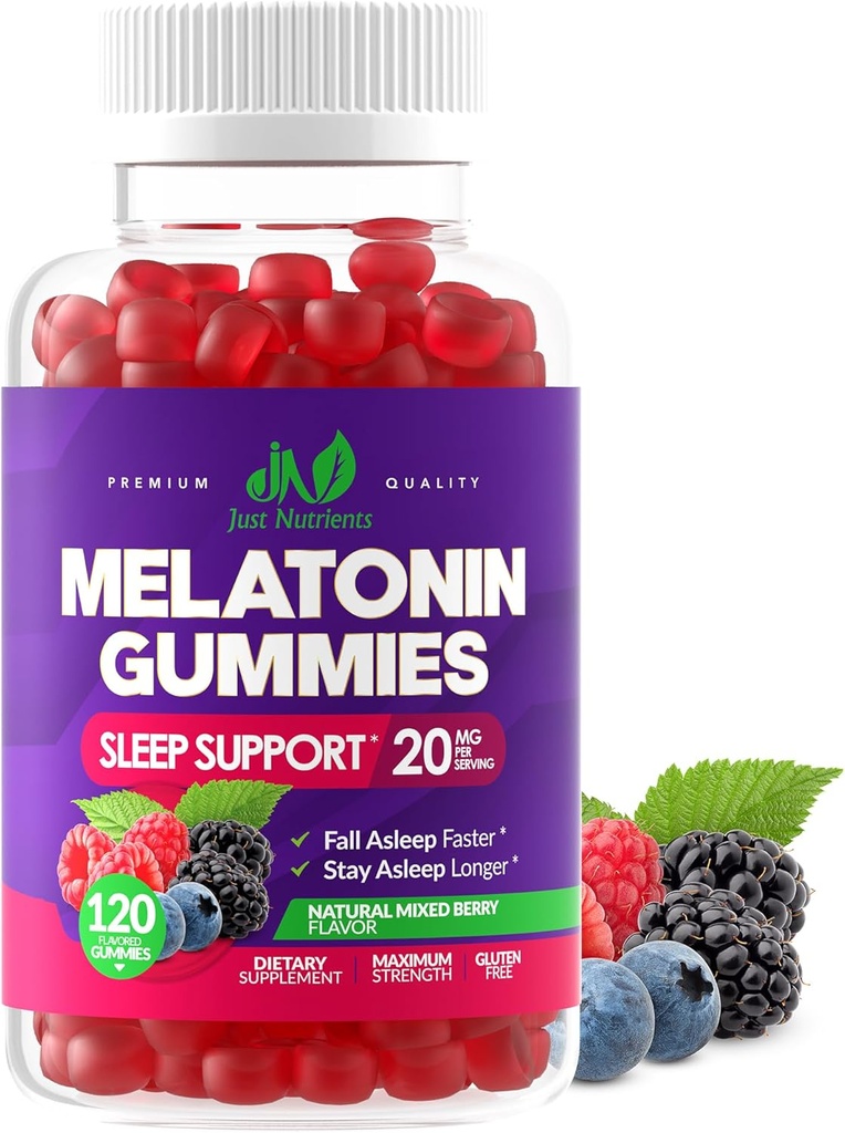 Melatonin 20mg Gummies for Adults (120 Count) - Maximum Strength Sleep Aid con 10 mg de Melatonin Per Gummy - Gluten-Free, Non-GMO, Vegetarian, Great Tasting Mixed Berry Flavor - 60 Servings