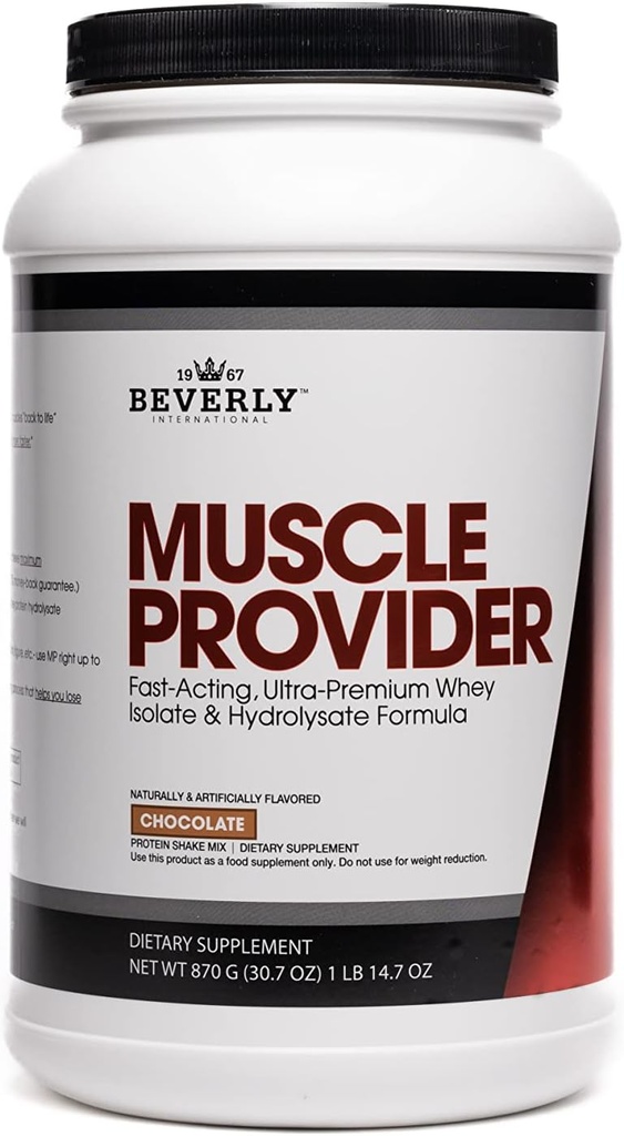 Beverly International Muscle Provider, 30 Servings, Chocolate. Super-Fast-Absorbing Whey Protein Powder para la recuperación, Lean Muscle. Llena tus músculos, no tu estómago. Sabores como helado