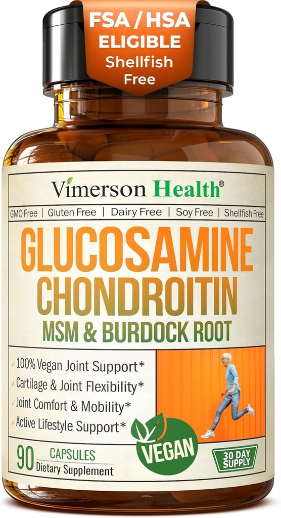 Vegan Glucosamine Chondroitin MSM - 100% Vegan Joint Support Supplement for Women & Men with Burdock and Glucosamine Sulfate 1500 mg. Utilizado para el cartílago y la salud conjunta y flexibilidad - 90 cápsulas