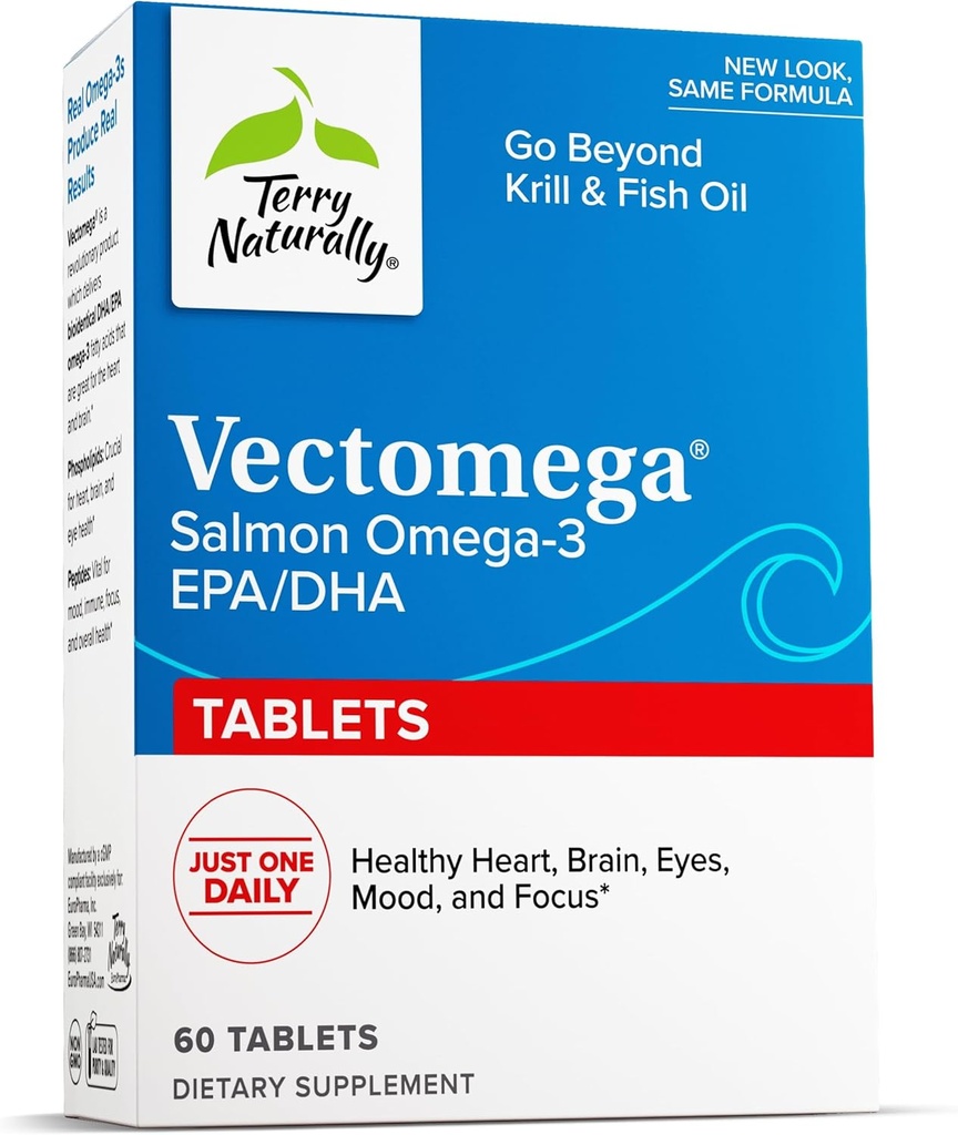 Terry Naturalmente Vectomega - Suplemento con EPA y DHA - Mesas Omega-3 para el apoyo al cerebro y la salud cardíaca - Suplemento nutricional con ácidos grasos esenciales " péptidos - 60 tabletas