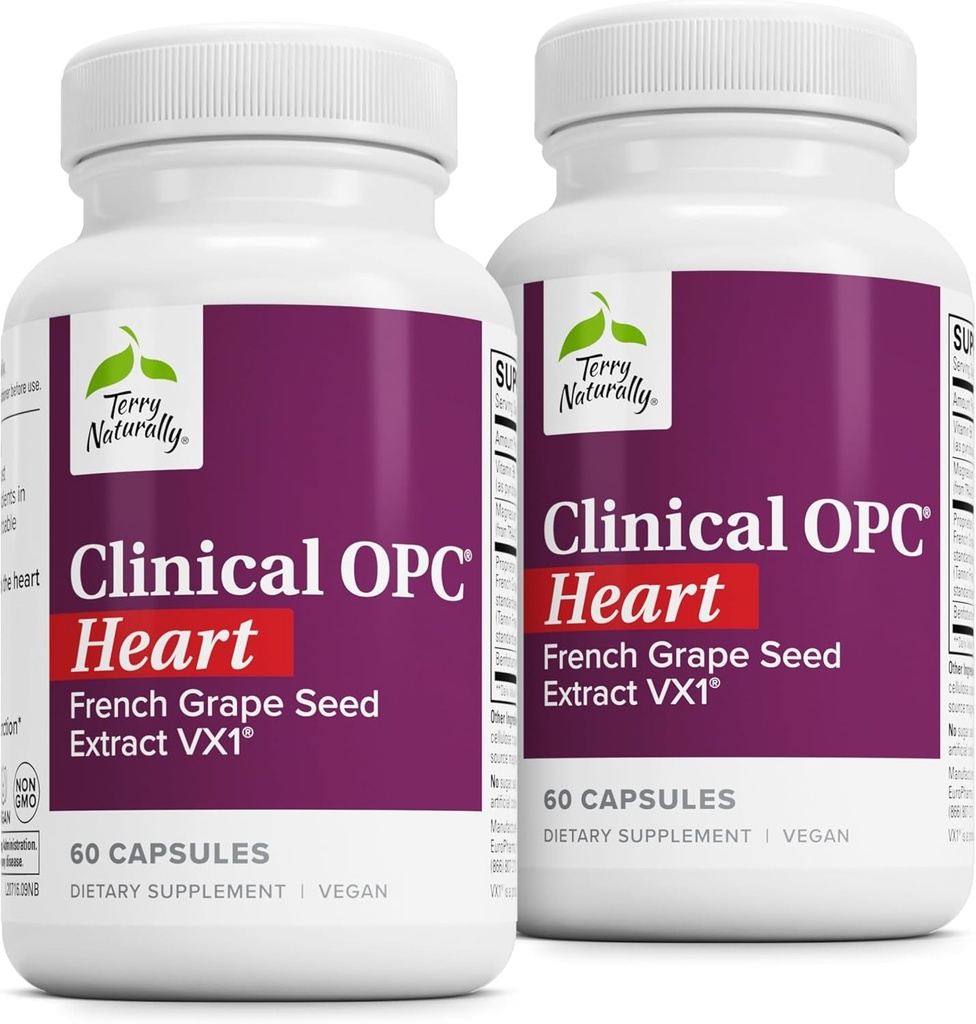 Terry Naturalmente Clínico Corazón OPC - Suplemento de salud cardíaca con Magnesio, Vitamina B6, Extracto de semillas de uva - Suplemento dietético para la salud de la arteria - 60 cápsulas (Pack of 2)