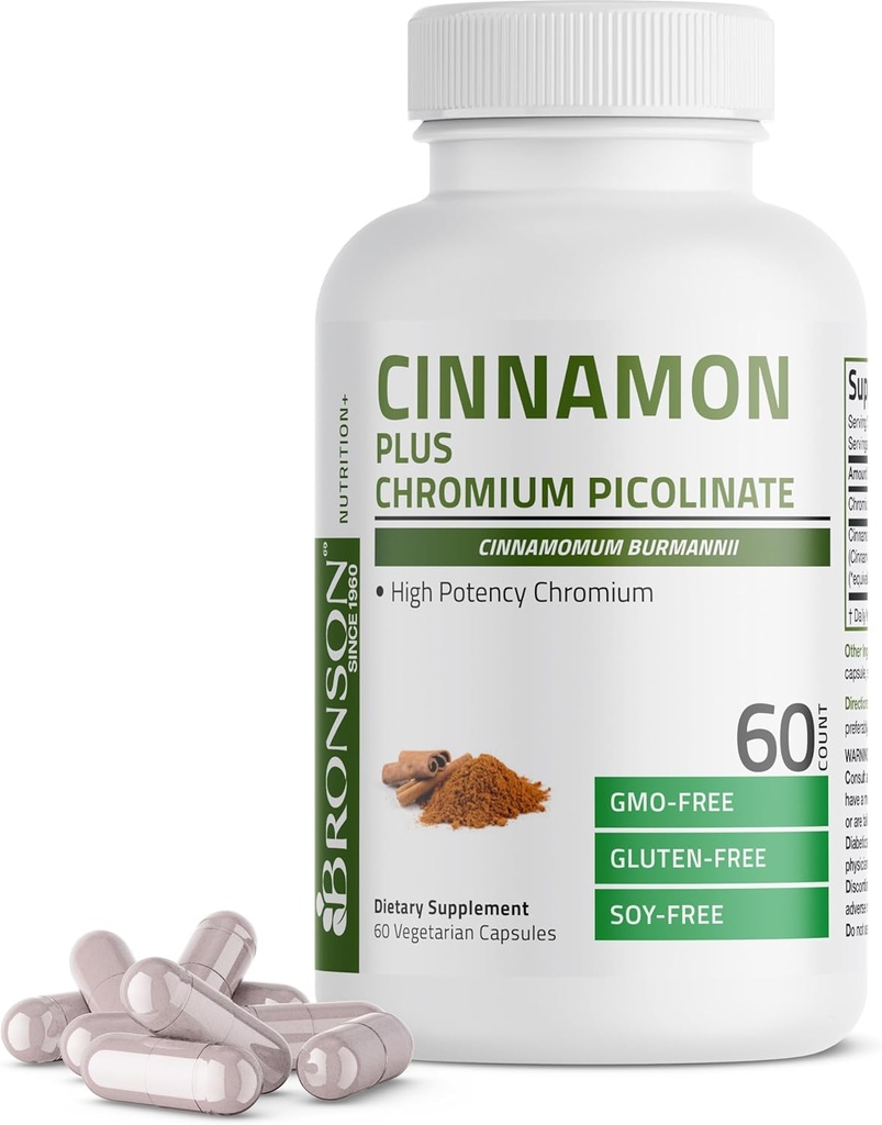 Bronson Cinnamon Plus Chromium Picolinate Suplemento, High Potency Chromium, Non-GMO, 60 cápsulas vegetarianas