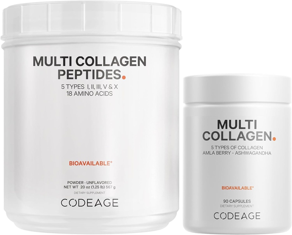 Codeage Multi Collagen Protein Capsules & Multi Collagen Protein Powder Bundle ¦ Multi Collagen Pills, Collagen Tipos I, II, II, V & X, 90 Conteo Ø Multi Collagen Peptides - Puro, Hidrolyzed, 20 oz