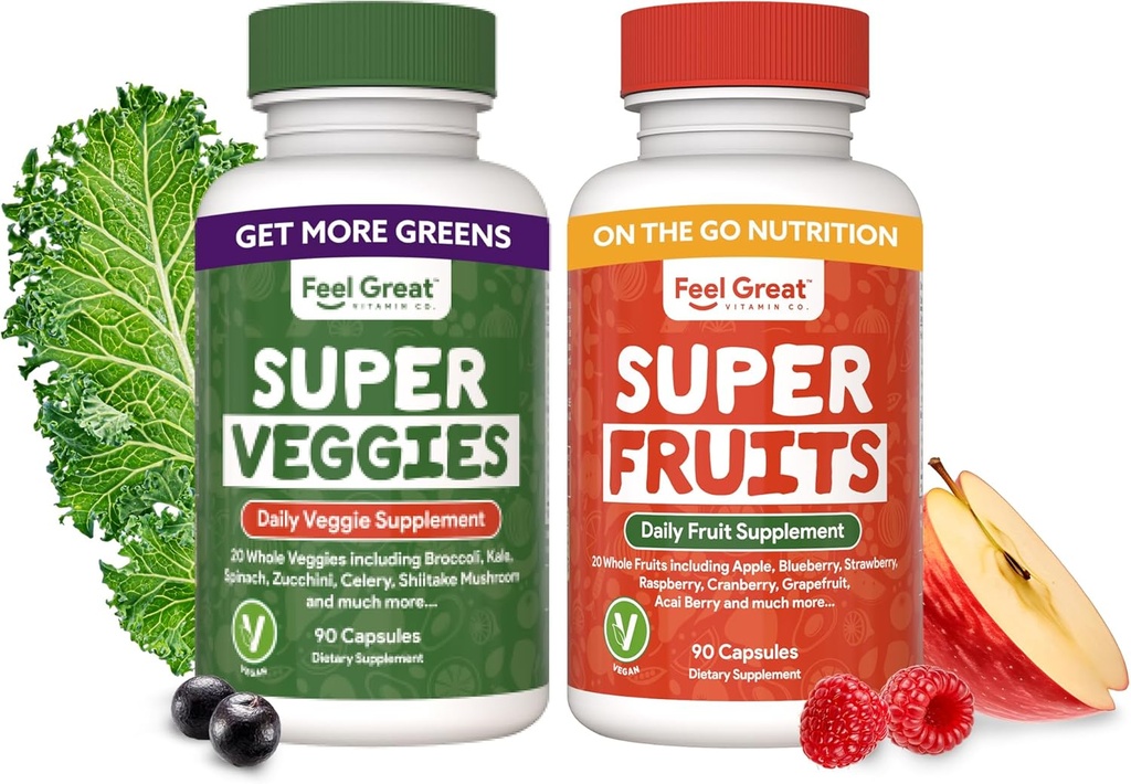 Sentir Grandes Suplementos de Frutas y Vegeta ← 20+ Super Rojos & Verdes para la Energía Natural Apoyo Silencioso Fruta Vegana y Vitaminas Veggie TENIDO 2 Pack de 90 Cuenta Cada