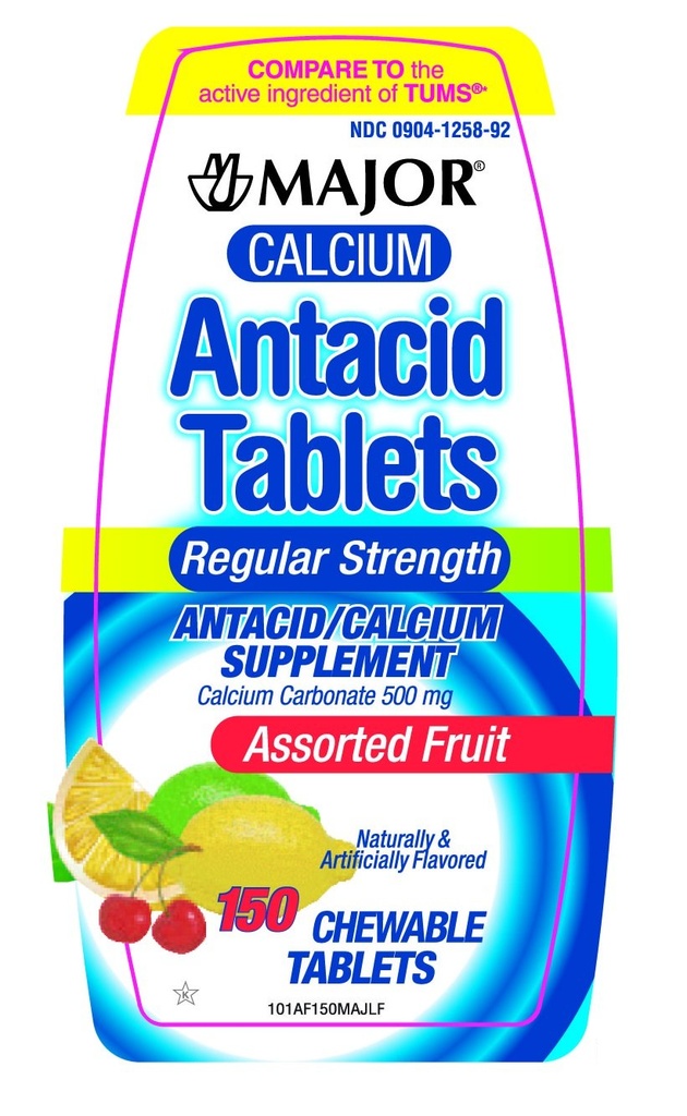 Major Calcium Antacid Chewable Assorted Fruit Flavor Tablets, Regular Strength, 150 Per Bottle (Pack of 5)