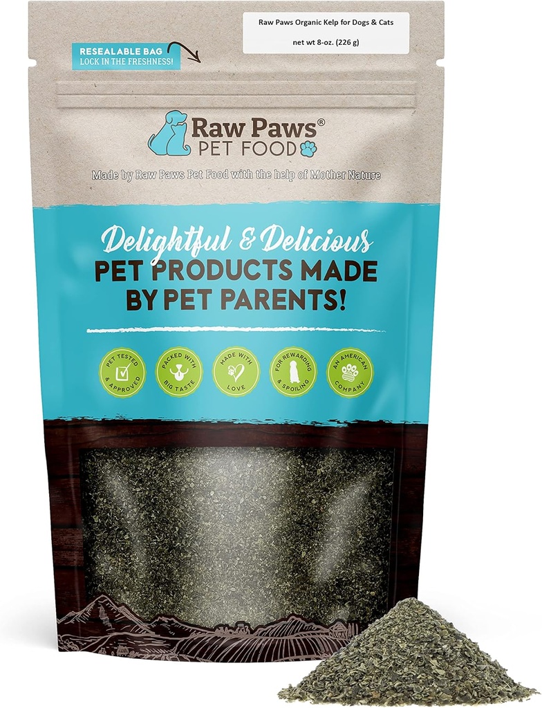 Raw Paws Organic Kelp Powder for Dogs & Cats (8-Ounce) - Soporta Tiroides, Digestive & Immune Health - Kelp del Mar seco para perros - Seaweed Powder Suplemento