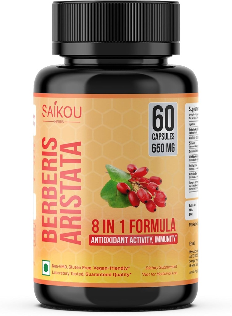 Berberine HCL Extracto 1300mg con Leche Thistle, Ceylon Cinnamon, Gymnema Sylvestre " Turmeric - 60 cápsulas