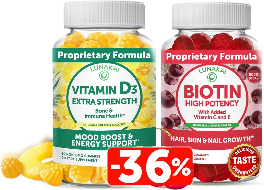 Lunakai Biotina y vitamina D3 Gummies Bundle - Peluquería y uñas Crecimiento Gummies con vitamina C y E - Inmunidad, Bone y Mood Apoyo Suplemento - 30 días Suministro