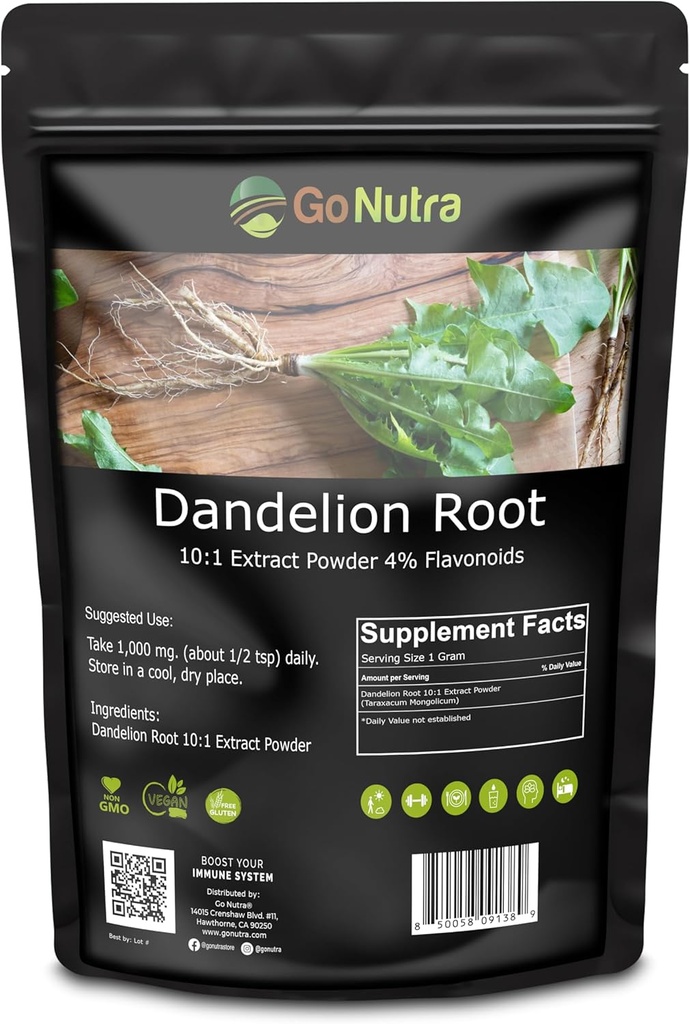 Go Nutra Dandelion Root Extract Pure Powder for Tea & Beverages ¦ Dandelion Root Powder, Caffeine Free & Natural TEN Antioxidants, Digestion & Immune System ← Non-GMO, Vegan TENIDO 16 Ounce (1 lb)