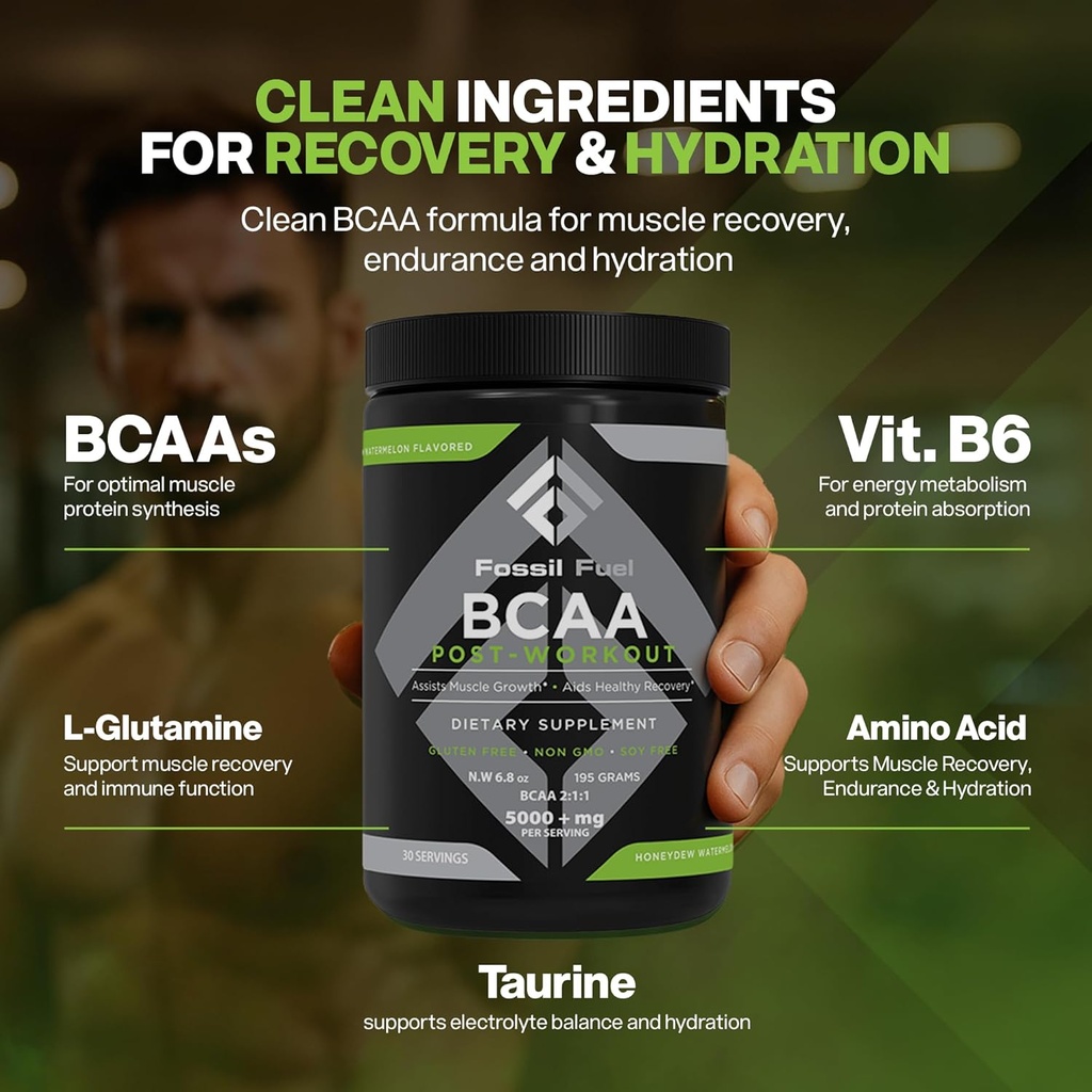 Fossil Fuel BCAA Powder Post-Workout libre de azúcar con BCAA, Glutamina, Vitamina B6 Después del entrenamiento, Aminoácidos para la recuperación muscular, la resistencia y la hidratación, Honeydew Watermelon (30 Servimientos)
