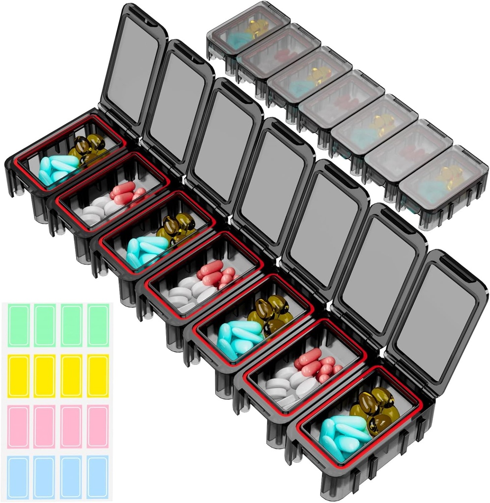 Organizador semanal de manguera, 7 compartimentos Portable Pill Box Una vez al día, Moisture-Proof Travel Pill Case, Pill Storage Box for Vitamin, Medicine, Fish Oil/Supplements (Black)