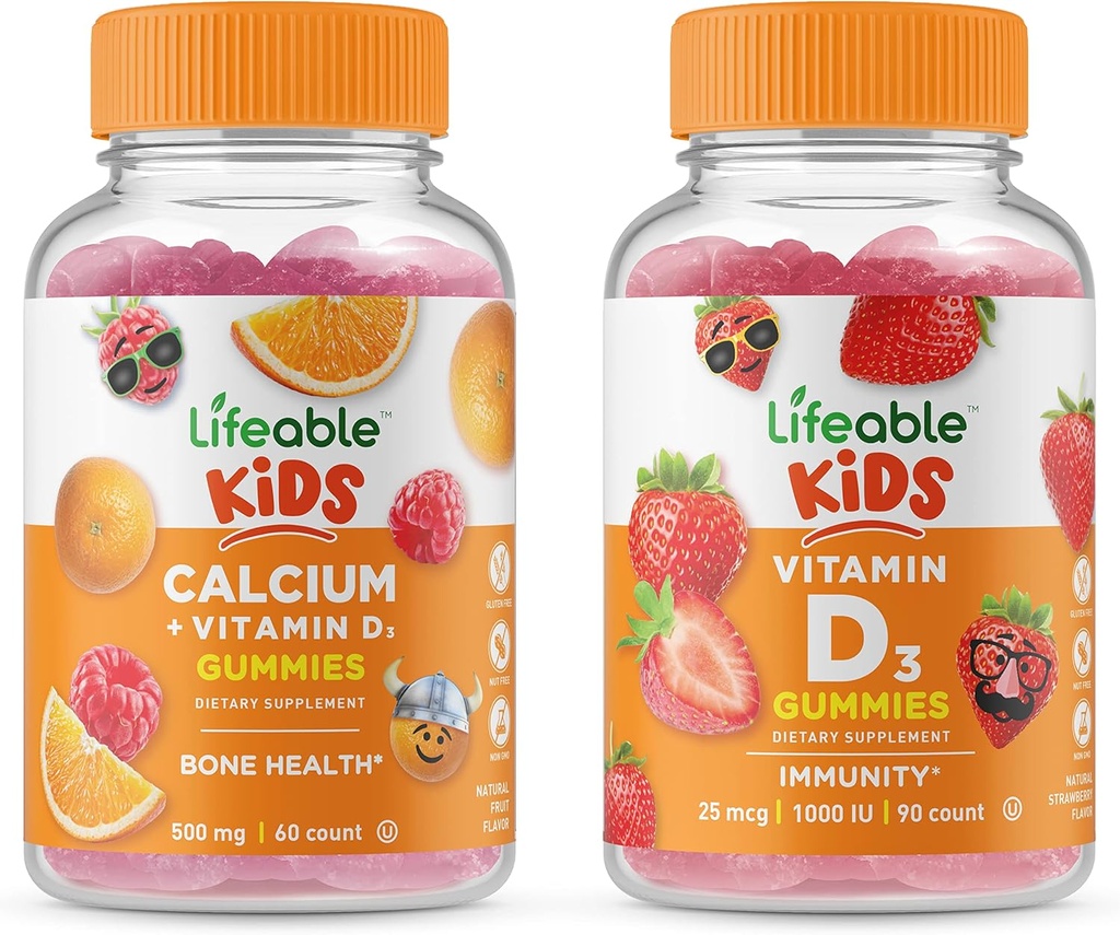 Calcio habitable con vitamina D niños + Vitamina D Niños, Gluten Free, GMO Gratis, Chewable Gummy