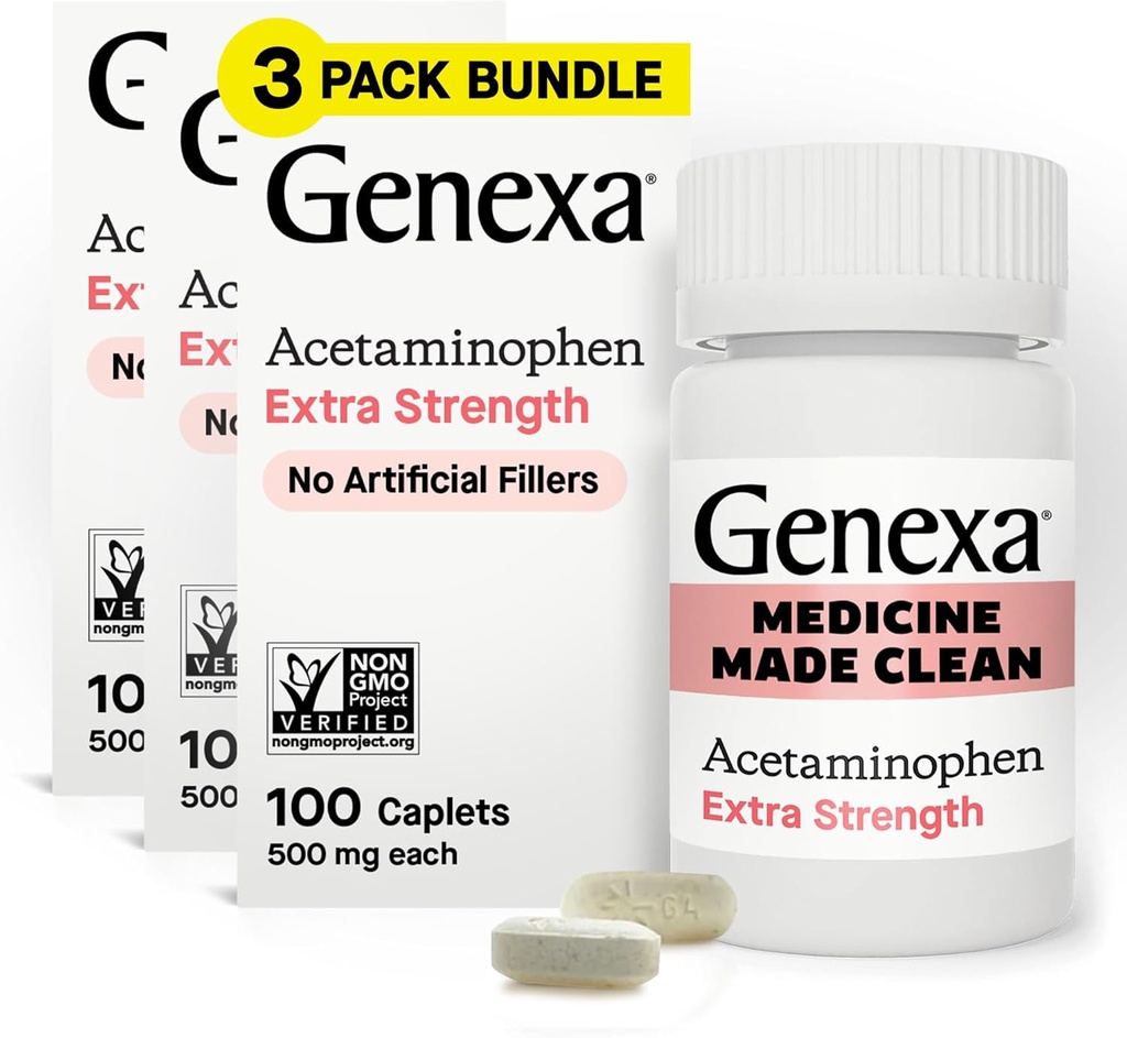 [BRSRAYL6BAFRSYDH] Genexa Clean Acetaminophen 500mg Extra Strength, Dye Free Pain Reliever Fever Reducer, 0% Artificial Additives, Dolor de dolor para adultos, Aliviado, Dolor de espalda, Dolor de artritis menor, 300 Tablets