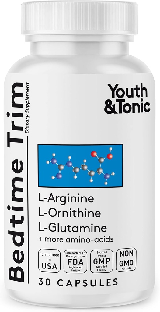 Jóvenes & Tonic PM Tiempo de cama Trim Aminoácidos Suplemento píldoras para hombres y mujeres vivieron 30 cápsulas para apoyar el metabolismo y los músculos magros definidos durante la noche