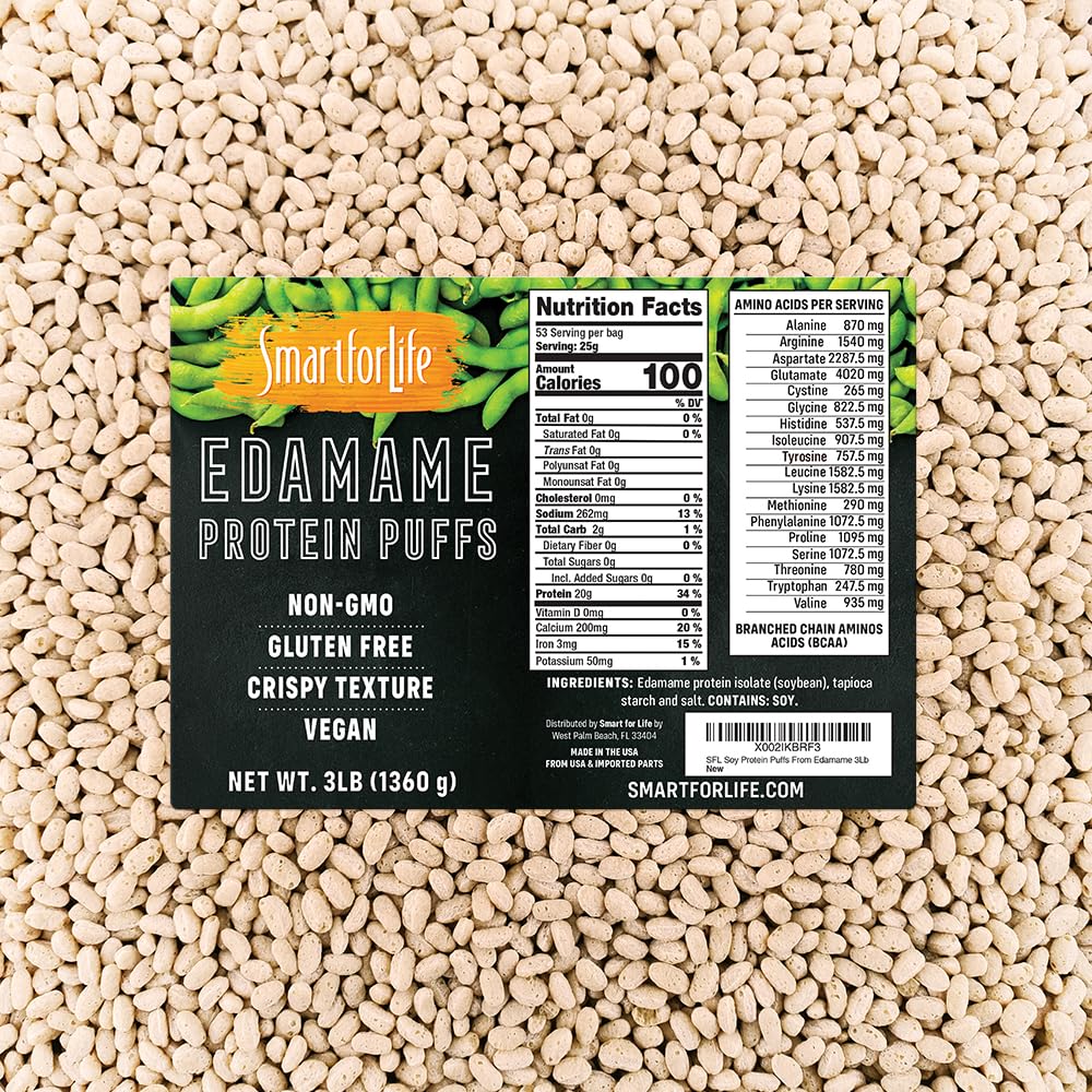 Smart for Life Soy Protein Puffs from Edamame - High Protein Zero Sugar Soy Protein Isolate Puffs - 20 Grams Protein Snacks - Non-GMO, Gluten-Free - 3 Pound Box - 53 Servings - Soy Puffs...