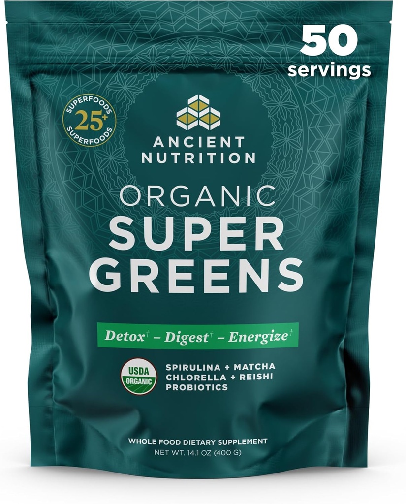 Antigua Nutrición Super Verde Polvo, Polvo Ecológico Superalimentario con Probióticos Hecho con Spirulina, Clorella, Matcha y Enzimas Digestivos, 50 Servimientos, 14.1 oz