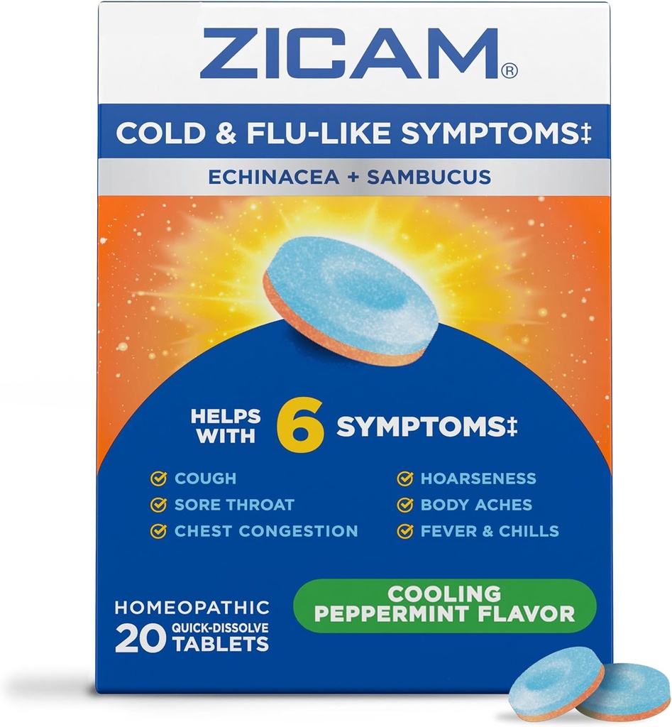 Zicam Cold & Flu-Like Symptoms with Echinacea and Sambucus, Homeopathic, Zinc, Cooling Peppermint Flavor, Ayuda con los síntomas fríos, 20 Tablets
