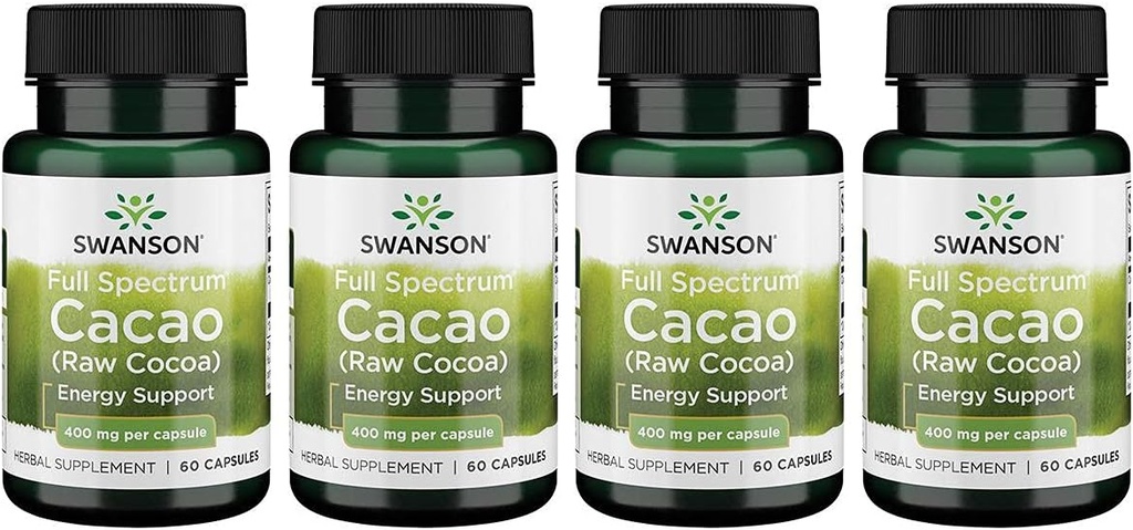 Swanson Full Spectrum Cacao (Raw Cocoa) - Herbal Supplement Promoting Mild Energy Support - Traditional Whole Fruit Formula - (60 cápsulas, 400 mg cada uno) 4 Pack